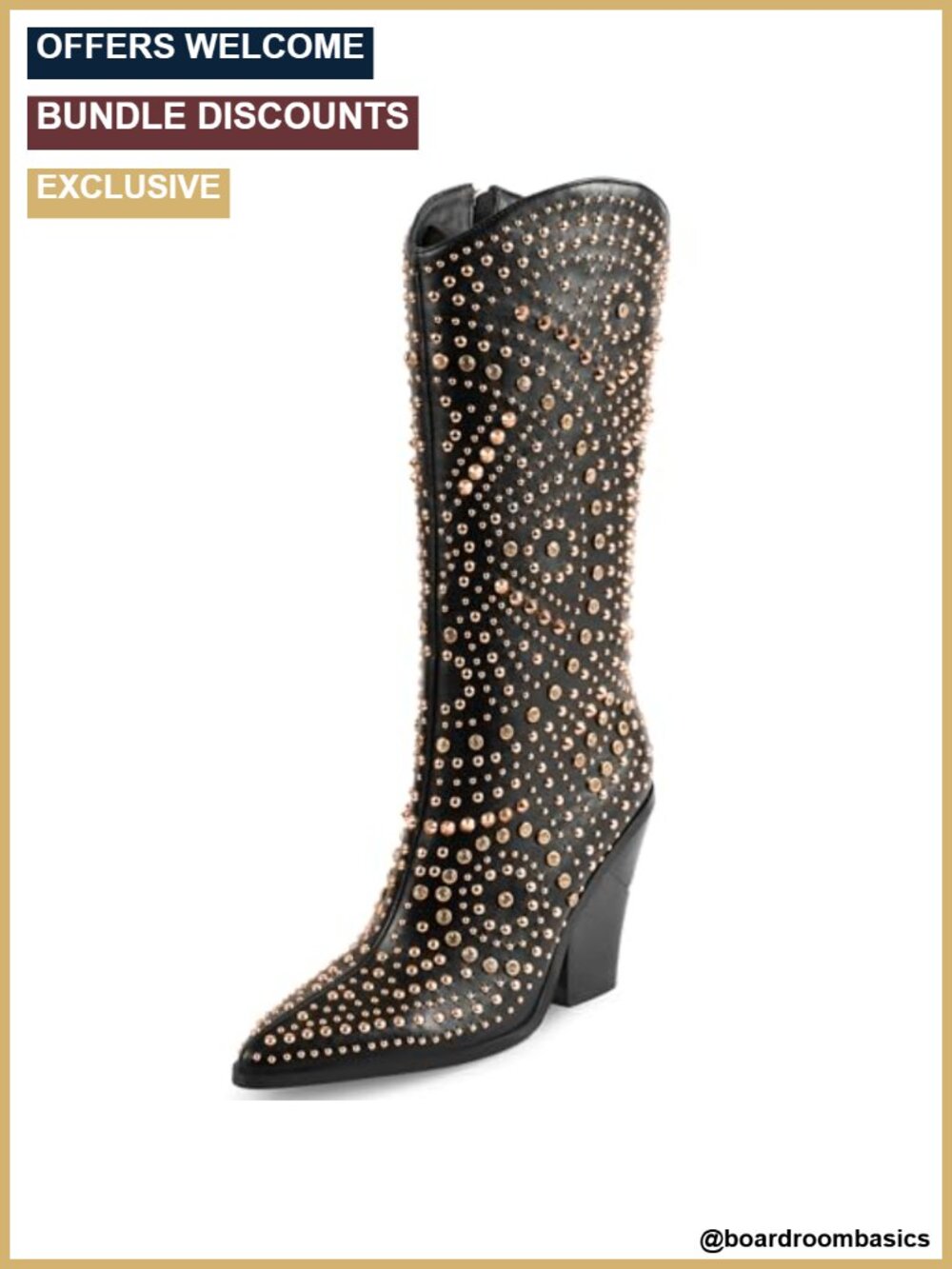Pointed Toe Chunky Heel Studded Tall Boots Faux Leather